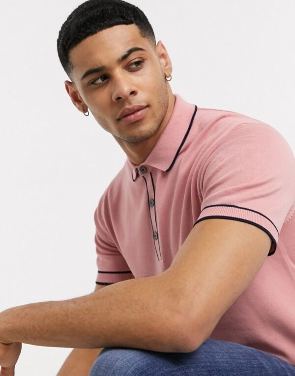 Jack & Jones Premium - Poloshirt van tricot in roze met contrasterend randje