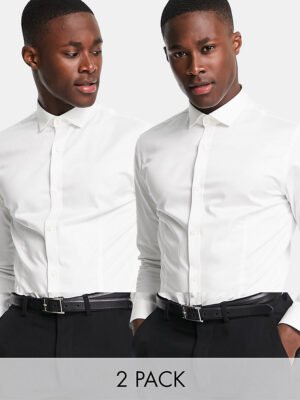 Jack & Jones - Premium - Set van 2 nette overhemden met opengewerkte kraag in witte popeline