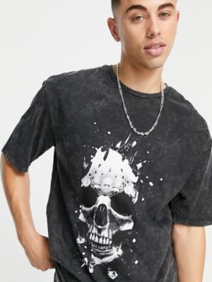 Jack & Jones - Originals - Oversized T-shirt met doodshoofdprint op de rug in grijs met wassing