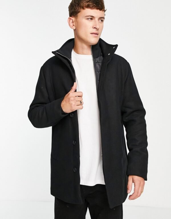 Jack & Jones - Essentials - Wollen jas met gewatteerde binnenkant in zwart