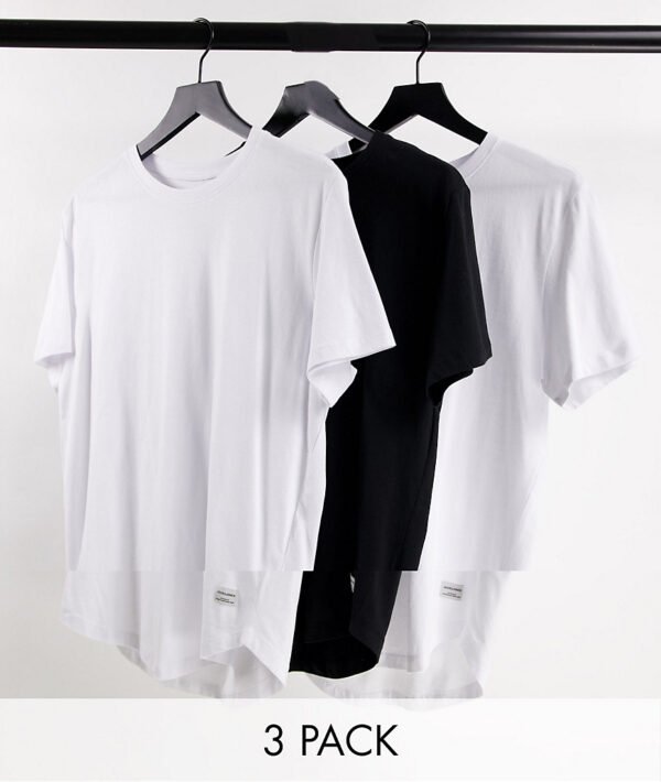 Jack & Jones Originals - Set van 3 T-shirts met ronde zoom en lange pasvorm in wit/wit/zwart-Veelkleurig
