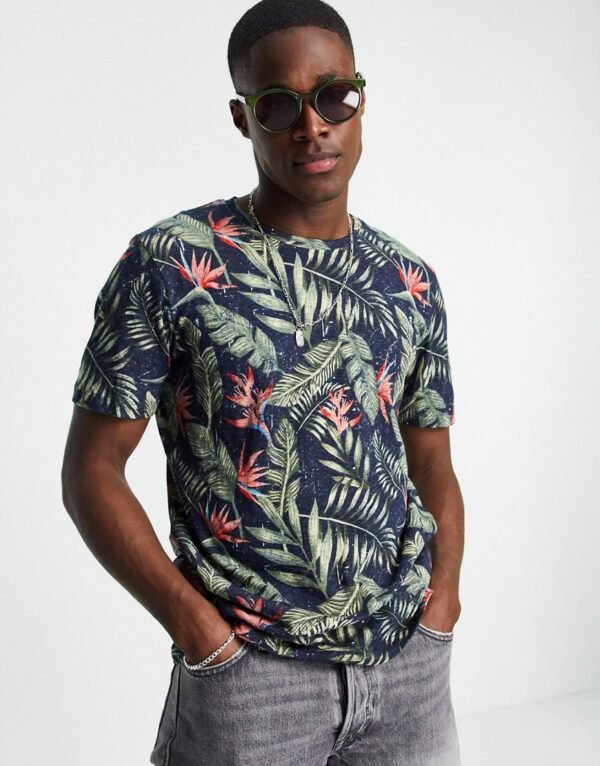 Jack & Jones - T-shirt met tropische print in marineblauw