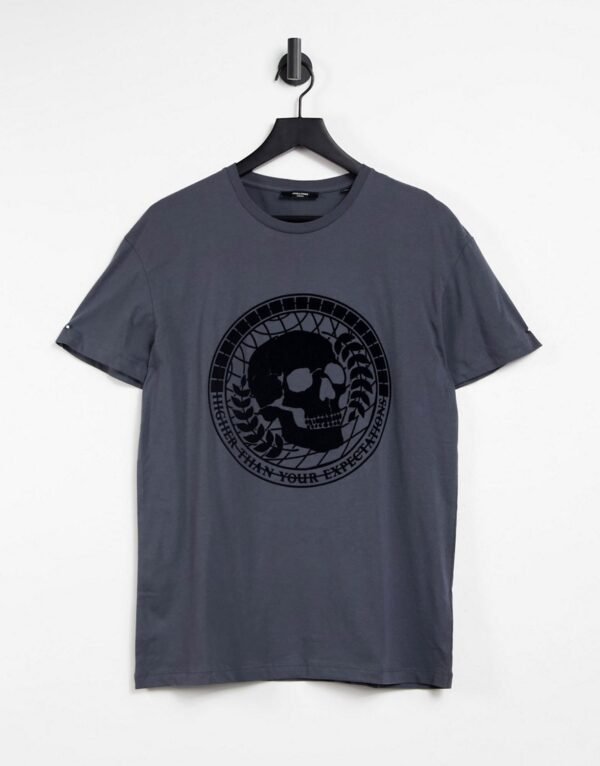 Jack & Jones Premium - T-shirt met gevlokte schedelprint in grijs