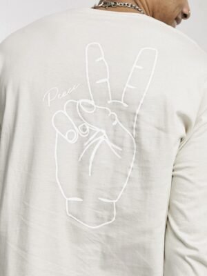 Jack & Jones - Originals - Oversized T-shirt met lange mouwen en peace-print op de rug in kiezelkleur-Neutraal