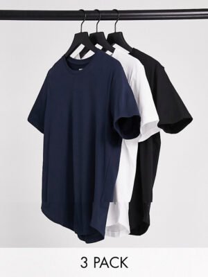 Jack & Jones Originals - Set van 3 lange T-shirts met ronde zoom in wit/marineblauw/zwart-Meerkleurig