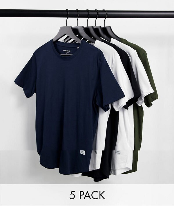 Jack & Jones Originals - Set van 5 lange T-shirts met ronde zoom in wit/marineblauw/zwart-Meerkleurig