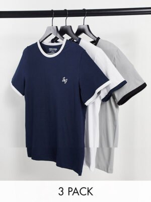 Jack & Jones Originals - Set van 3 T-shirts met contrasterende randen in marineblauw/wit/grijs-Meerkleurig