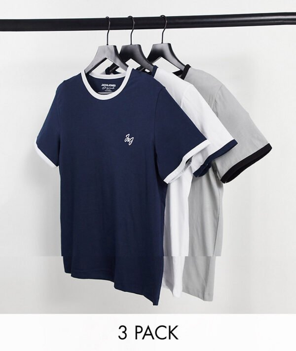 Jack & Jones Originals - Set van 3 T-shirts met contrasterende randen in marineblauw/wit/grijs-Meerkleurig