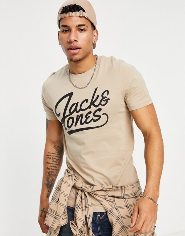 Jack & Jones - T-shirt met groot geschreven logo in kiezelkleur-Neutraal